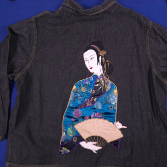 Vtg Denim Jean Jacket W/Satin Embroidered SZ 2x Geisha Boho Rockability Japanese - Picture 3 of 11